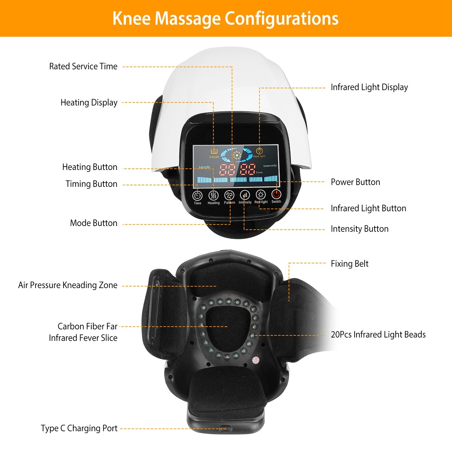 1Pc Electric Rechargeable Knee Massager Infrared Heat Pain Relief Therapy Knee Brace Wrap with Air Pressure Kneading Timer Temperature Adjustment