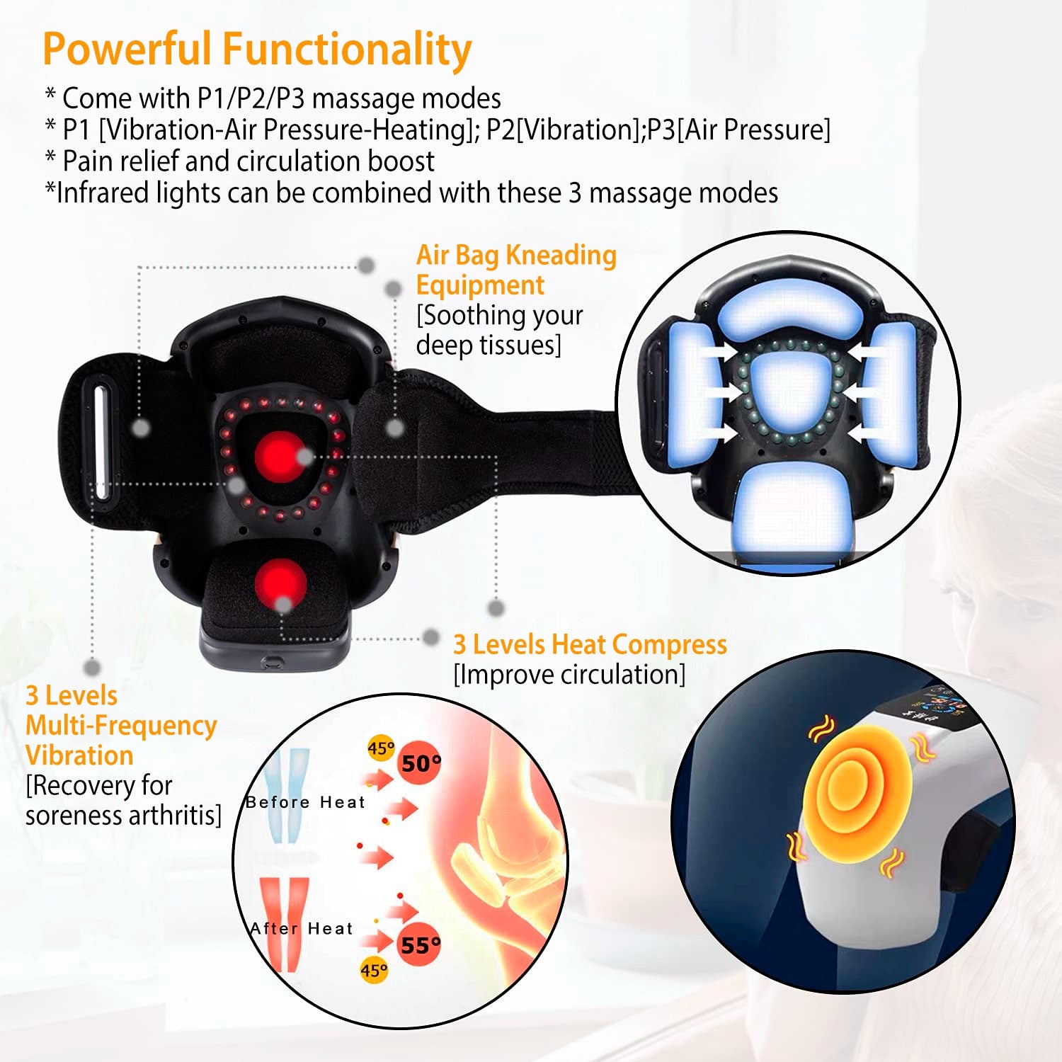 1Pc Electric Rechargeable Knee Massager Infrared Heat Pain Relief Therapy Knee Brace Wrap with Air Pressure Kneading Timer Temperature Adjustment